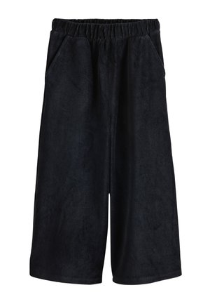 Black corduroy shorts with an elastic waistband, two side pockets, and a textured surface. Mid-thigh length with a straight cut.
