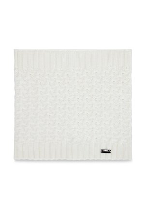 Cache-cou blanc tricoté avec un motif texturé et des bords côtelés. Comprend une petite étiquette de logo noire sur un côté. Tissu doux et chaud.