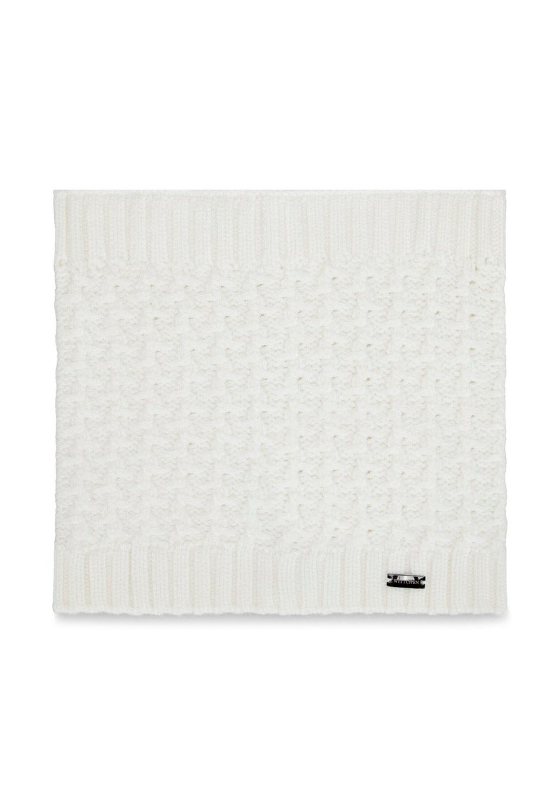 Cache-cou blanc tricoté avec un motif texturé et des bords côtelés. Comprend une petite étiquette de logo noire sur un côté. Tissu doux et chaud.