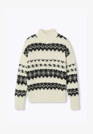 Pull en tricot couleur crème avec un col montant côtelé, des motifs géométriques noirs sur la poitrine et les manches, et des poignets et un ourlet côtelés.