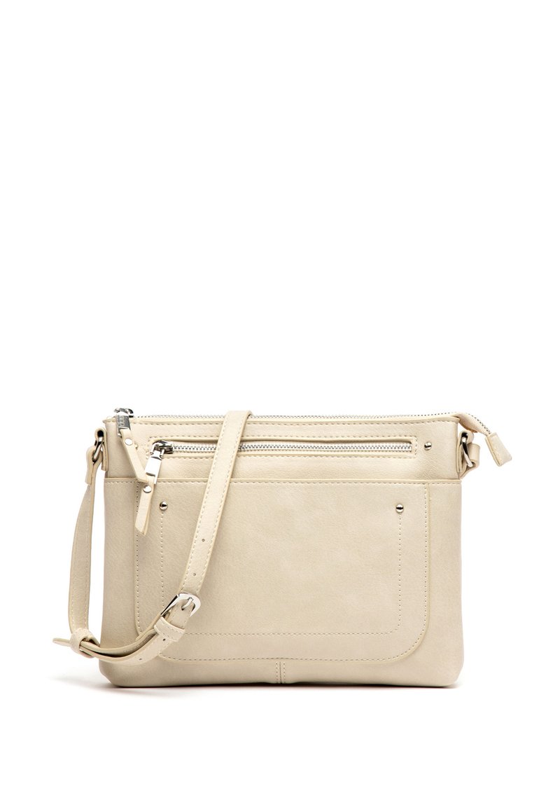 Béžová kožená crossbody taška s textúrovaným povrchom, obsahujúca hlavný zipsový oddiel, predné zipsové vrecko a nastaviteľný popruh.