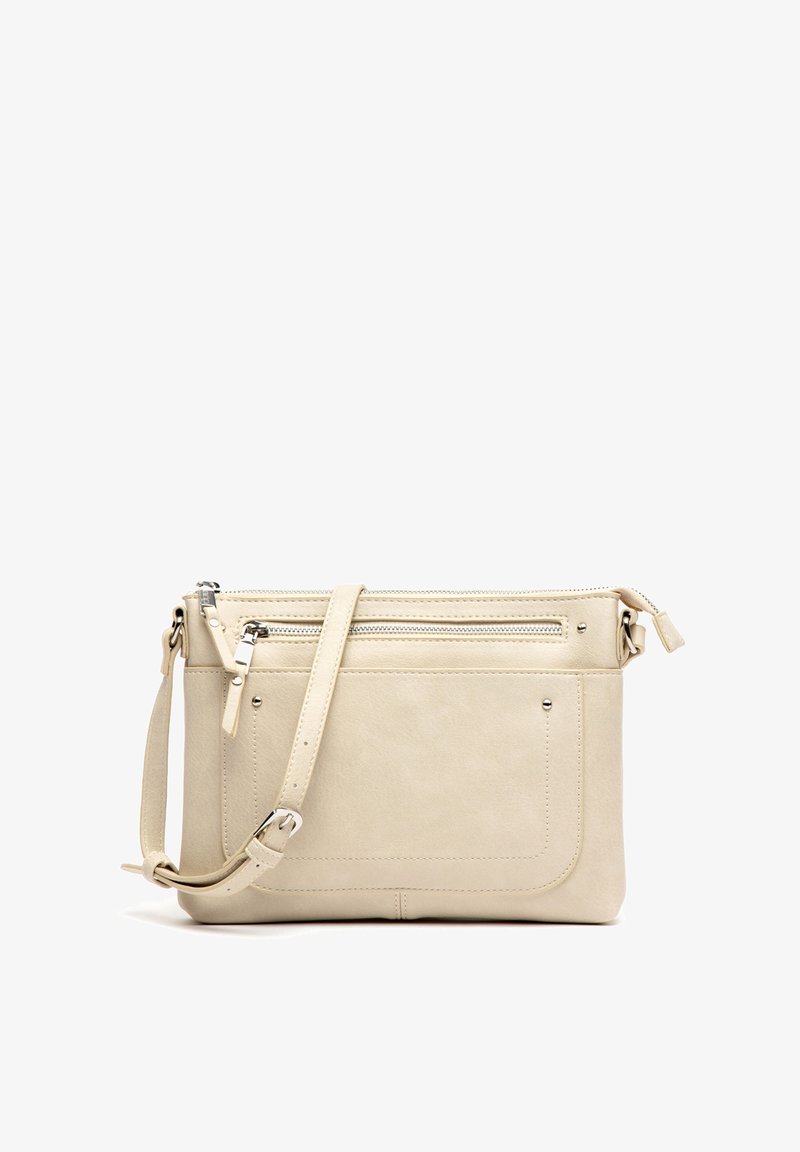 Béžová kožená crossbody taška s textúrovaným povrchom, obsahujúca hlavný zipsový oddiel, predné zipsové vrecko a nastaviteľný popruh.