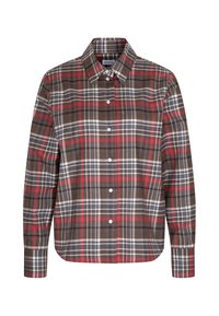 Chemise à manches longues boutonnée avec motif à carreaux marron, rouge, blanc et gris, col pointu et poignets boutonnés.