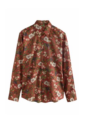 Red button-up shirt featuring a floral pattern in white and green, with long sleeves and a relaxed fit. Smooth fabric texture.