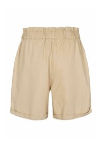 Béžové lněné šortky s nařaseným elastickým pasem, ohrnutými lemy a volným střihem, s hladkou texturou a lehkým designem.