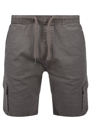Grå cargo shorts laget av lett stoff, med elastisk midje med snøring, sidelommer og en strukturert overflate.