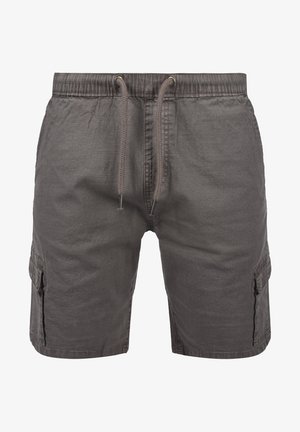 Gray cargo shorts made of lightweight fabric, featuring an elastic waistband with drawstring, side pockets, and a textured finish.