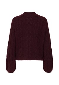 Dunkelburgunderfarbener, kabelgestrickter Pullover mit langen Ärmeln, geripptem Rundhalsausschnitt und leicht gekürztem Saum, von hinten gezeigt.
