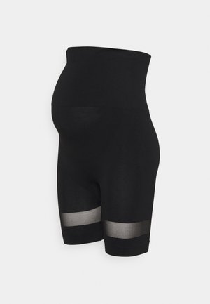 Black maternity shorts with a high waistband. Features a smooth, stretchy fabric and sheer panel accents near the hem.