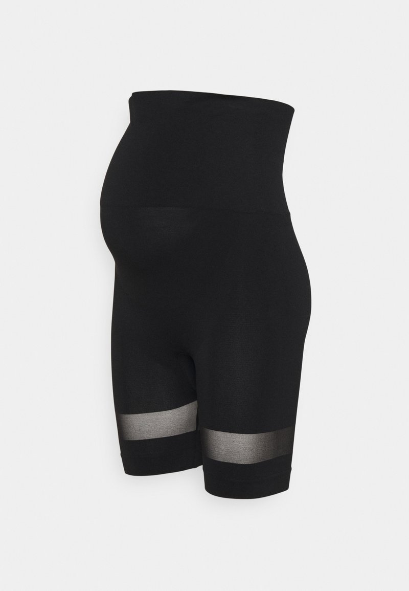 Zwarte zwangerschapsshorts met een hoge tailleband. Kenmerkt zich door een soepel, rekbaar materiaal en doorzichtige paneelaccenten nabij de zoom.