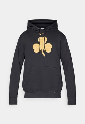 Fekete kapucnis pulóver nagy arany lóhere mintával az elején, húzózsinóros kapucnival és elülső zsebbel. Puha, texturált anyag.