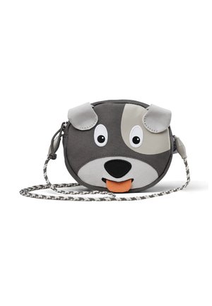 Round grey bag designed as a dog face, featuring 3D ears, large eyes, orange tongue, and a patterned strap. Made of durable fabric.