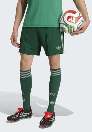 Person trägt grünes Fußballtrikot und Stollenschuhe, hält einen weißen, roten und grünen Adidas-Fußball an der Seite.