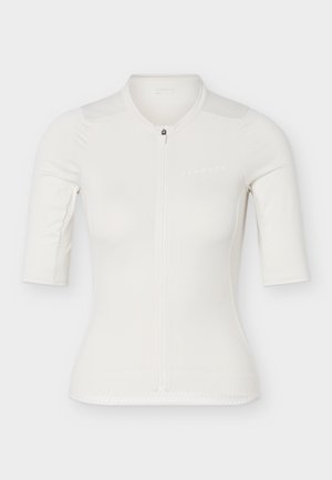 Maglia da ciclismo bianca a maniche corte con cerniera frontale e logo discreto sul petto sinistro, progettata per una vestibilità atletica aderente.