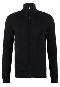 Svart zip-up cardigan i mjukt material med hög krage, ribbade manschetter och nederkant, med en subtil logotyp på framsidan.