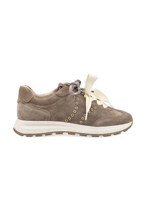 Low-cut taupe suede sneaker with cream and gray laces, gold eyelet details, white sole, and textured brown outsole, shown from the side.