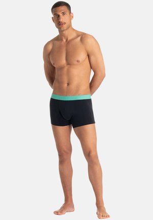 Black boxer briefs with a turquoise waistband, featuring a snug fit and soft fabric. No visible patterns or additional details.