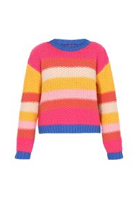 Sweter z dzianiny z okrągłym niebieskim kołnierzem, z wielokolorowymi poziomymi paskami w kolorze różowym, pomarańczowym, żółtym i kremowym.
