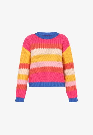 Gebreide pullover met een ronde blauwe kraag, voorzien van meerkleurige horizontale strepen in roze, oranje, geel en crème.