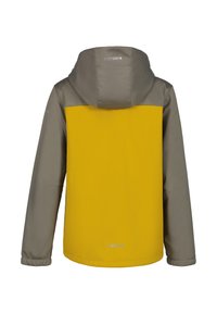 Gul och grå vattentät jacka med huva, med en färgblockdesign, slät textur, elastiska muddar och märkesdetaljer på baksidan.