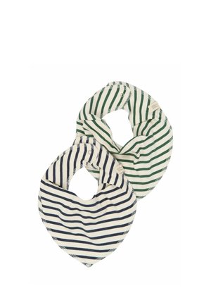 Two striped baby bandana bibs with snap closures, one with green and white stripes and the other with navy and white stripes.