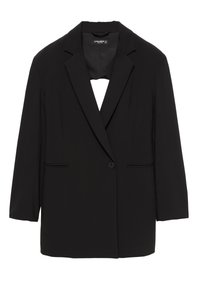 Schwarzer Blazer aus glattem Stoff, mit schmalem Revers, vorderem Druckknopfverschluss und zwei Fronttaschen mit dezenten Nahtdetails.