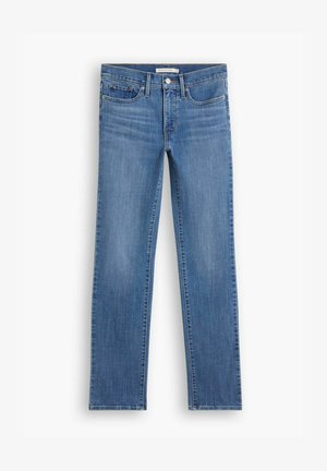 Jeans de denim azul con un diseño de pierna recta, que cuentan con cinco bolsillos, un cierre de botón y un lavado claro con un ligero desvanecimiento y arrugas.