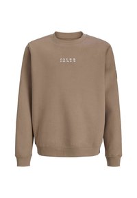 Pruun crewneck-sweatshirt, millel on rinnal valge kiri "JACK & JONES", pikkade varrukatega ning ribakudumisega mansetid ja allserv.