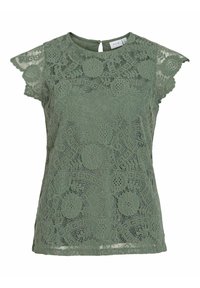 Groene kanten top met korte vlinder mouwen, bloemenpatroon, ronde halslijn en een keyhole-opening aan de achterkant, met een gestructureerde afwerking.