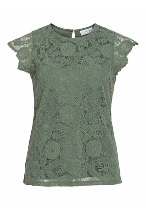 Top verde in pizzo con maniche a farfalla corte, motivo floreale, scollatura rotonda e apertura a chiave sul retro, caratterizzato da una finitura testurizzata.