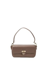 Brown leather handbag with embossed pattern, gold hardware, and a heart-shaped lock. Features a single adjustable shoulder strap.