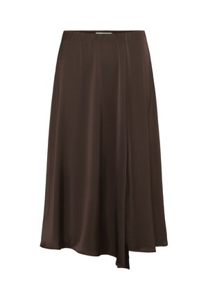 Pruun keskmise pikkusega satiinse seelik kummist vöökohaga ja õrna esilõhikuga, voogav ja sile tekstuur.