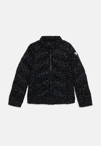 Padded black jacket with a textured leopard print. Features a zip front closure, stand collar, and diamond quilted design.