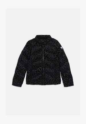 Veste noire rembourrée avec un imprimé léopard texturé. Comprend une fermeture éclair à l'avant, un col montant et un design matelassé en losanges.