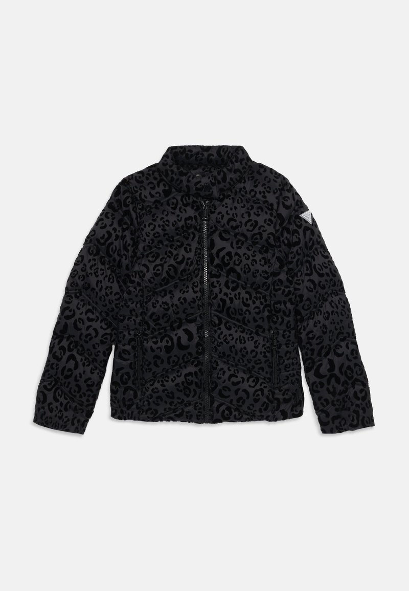 Padded black jacket with a textured leopard print. Features a zip front closure, stand collar, and diamond quilted design.