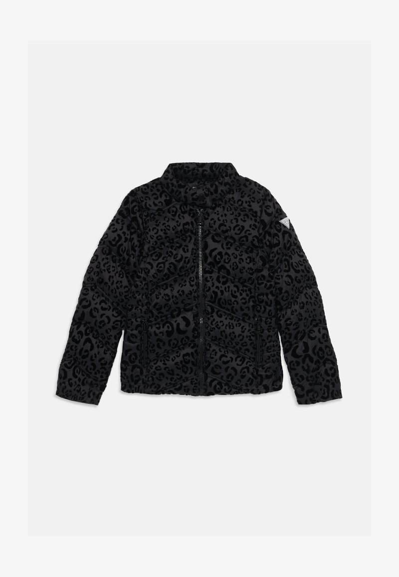 Paminkštinta juoda striukė su tekstūruotu leopardų raštu. Ypatumai: užtrauktukas priekyje, stovintis apykaklė ir deimanto formos siuvinėta struktūra.