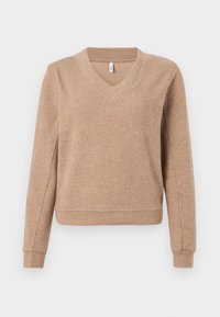 Pull beige côtelé avec un col en V, manches longues et poignets ajustés. Texture douce avec une coupe légèrement ample et un ourlet droit.