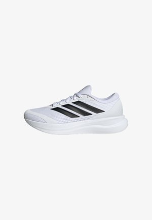Scarpa da corsa bianca con strisce nere, tomaia in mesh, chiusura con lacci e suola spessa e imbottita con la scritta "Cloudfoam" sul lato.