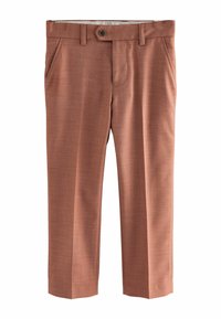 Pantalons en tissu texturé de couleur beige, avec une coupe droite, des poches avant et une fermeture à bouton à la taille.