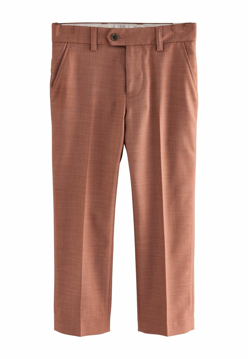Pantalons en tissu texturé de couleur beige, avec une coupe droite, des poches avant et une fermeture à bouton à la taille.