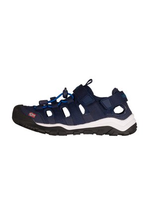 Navy blue closed-toe sandal with black sole, adjustable straps, and a small Norwegian flag on the front side.