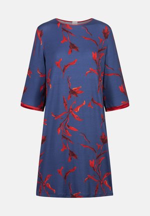 Blaues Kleid mit rotem Blumenmuster, runder Ausschnitt und 3/4-Ärmeln. Glatter Stoff, knielanges Design, mit einem einfarbigen roten Abschluss an den Ärmeln.