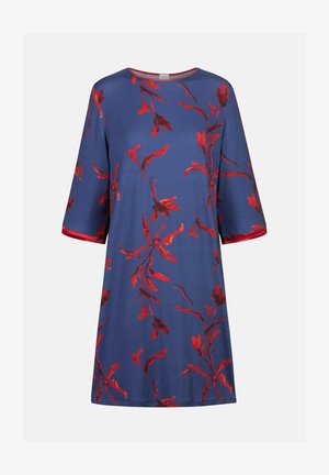 Blue dress with red floral pattern, round neckline, and 3/4 sleeves. Smooth fabric, knee-length design, features a solid red trim on sleeves.