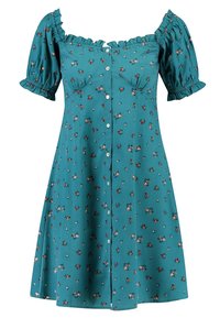 Tyrkysové šaty s krátkými nabíranými rukávy, off-the-shoulder výstřihem, květinovým potiskem a zapínáním na knoflíky vpředu. Vyrobeny z lehkého materiálu.