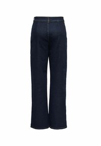 Mörkblå denimbyxor med vida ben och hög midja, med subtila sömdetaljer och en ren, enkel design utan synlig hårdvara.