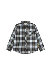 Camicia a scacchi bianca e nera con accenti blu, maniche lunghe, colletto a bottone, tasca frontale e orlo curvo. Materiale in cotone.
