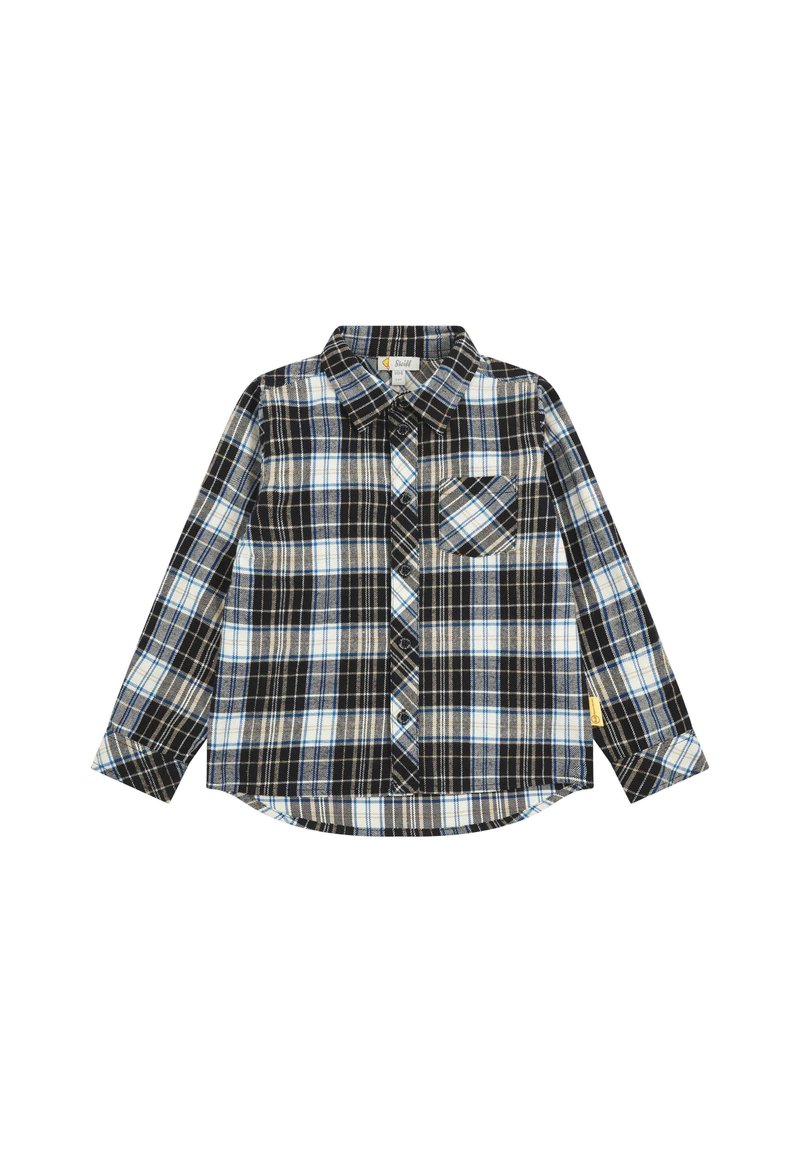 Camicia a scacchi bianca e nera con accenti blu, maniche lunghe, colletto a bottone, tasca frontale e orlo curvo. Materiale in cotone.