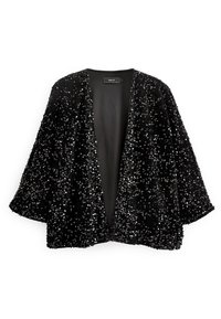Sorte paillet-kimono med åben foran, brede ærmer og blød foring. Har en tekstureret overflade med mange glimrende pailletter.