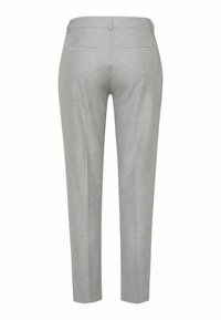Szare dopasowane spodnie o gładkiej strukturze materiału, slim fit, z dwiema tylnymi kieszeniami. Posiadają pasek z szlufkami i staranne wykończenie.