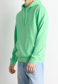 Hoodie verde menta con tasca frontale, cappuccio con cordino e una piccola etichetta logo. Tessuto morbido e liscio con polsini e orlo a costine.